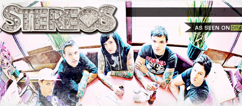 The original five-piece Stereos line-up in a diner booth, 2009